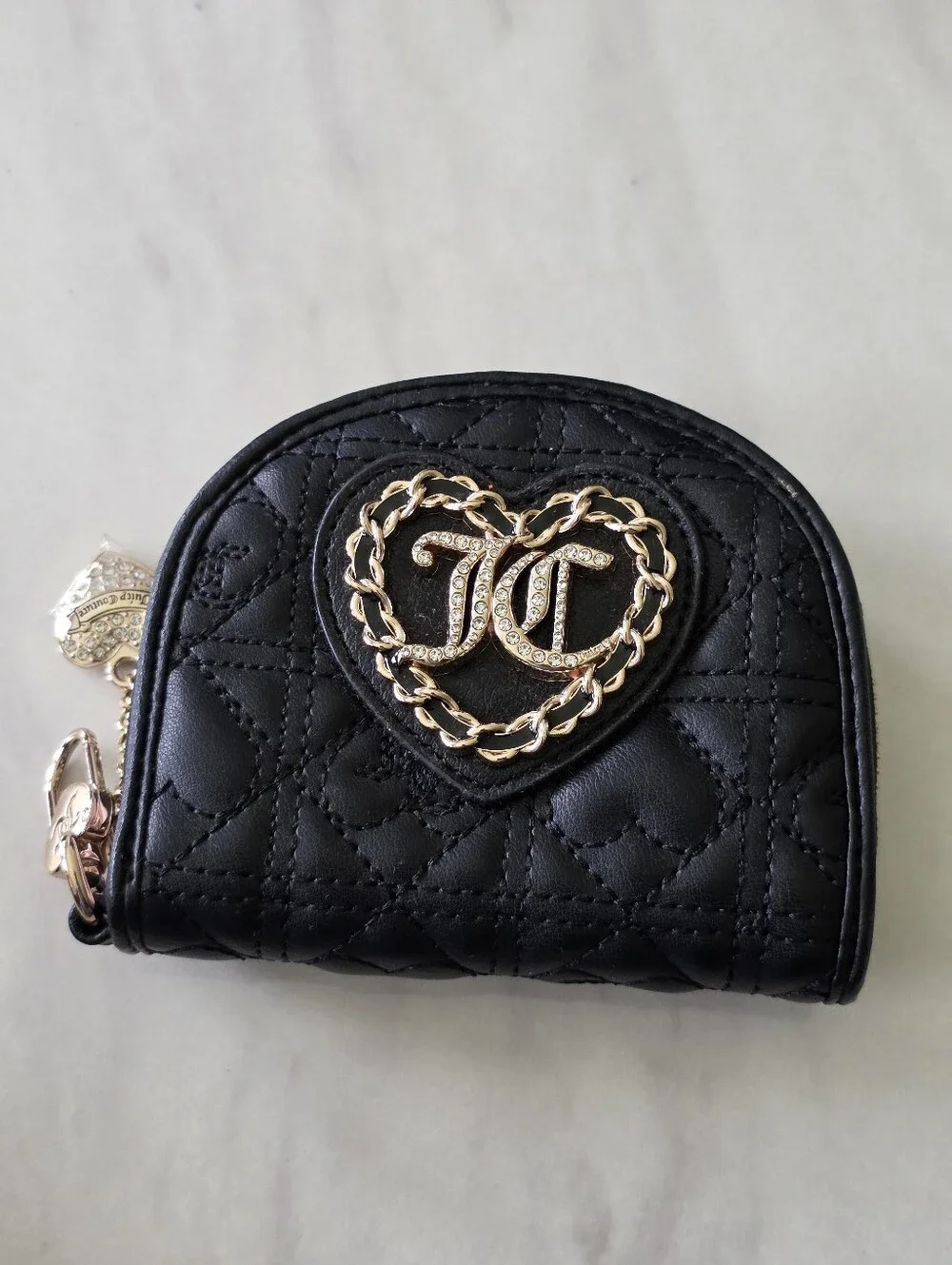 Juicy Couture Black Quilted Heart Zip Wallet Rhinestone Logo Charm Y2k New